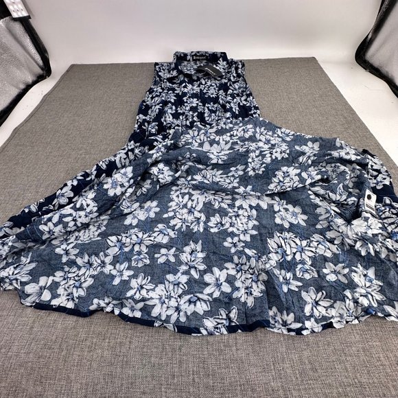 Allegra K Sundress Floral‎ Navy Blue White Dress Medium Rayon Button Down - Picture 7 of 11